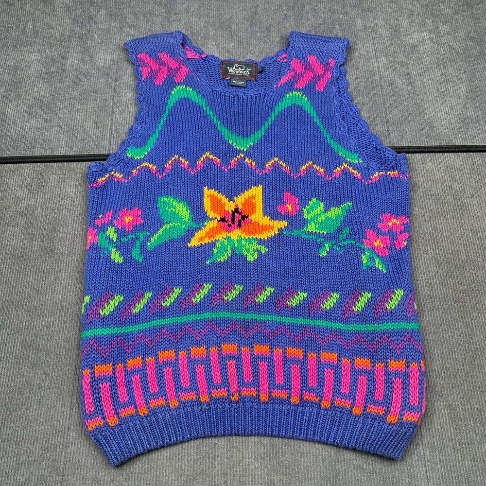 Woolrich Sweater Vest Blue Neon Floral Geometric Knit Sleeveless Boho Med Y2k